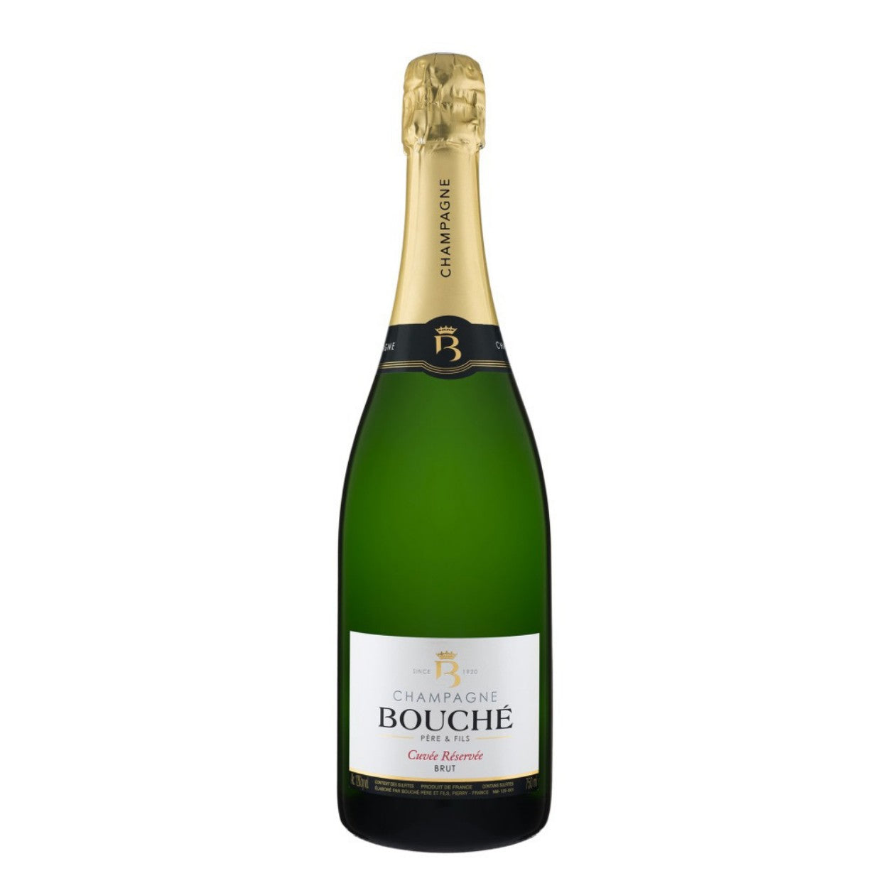 Botella de Champán Bouché Pere et Fils Cuvée Réservée Brut. 75 cl sobre un fondo blanco