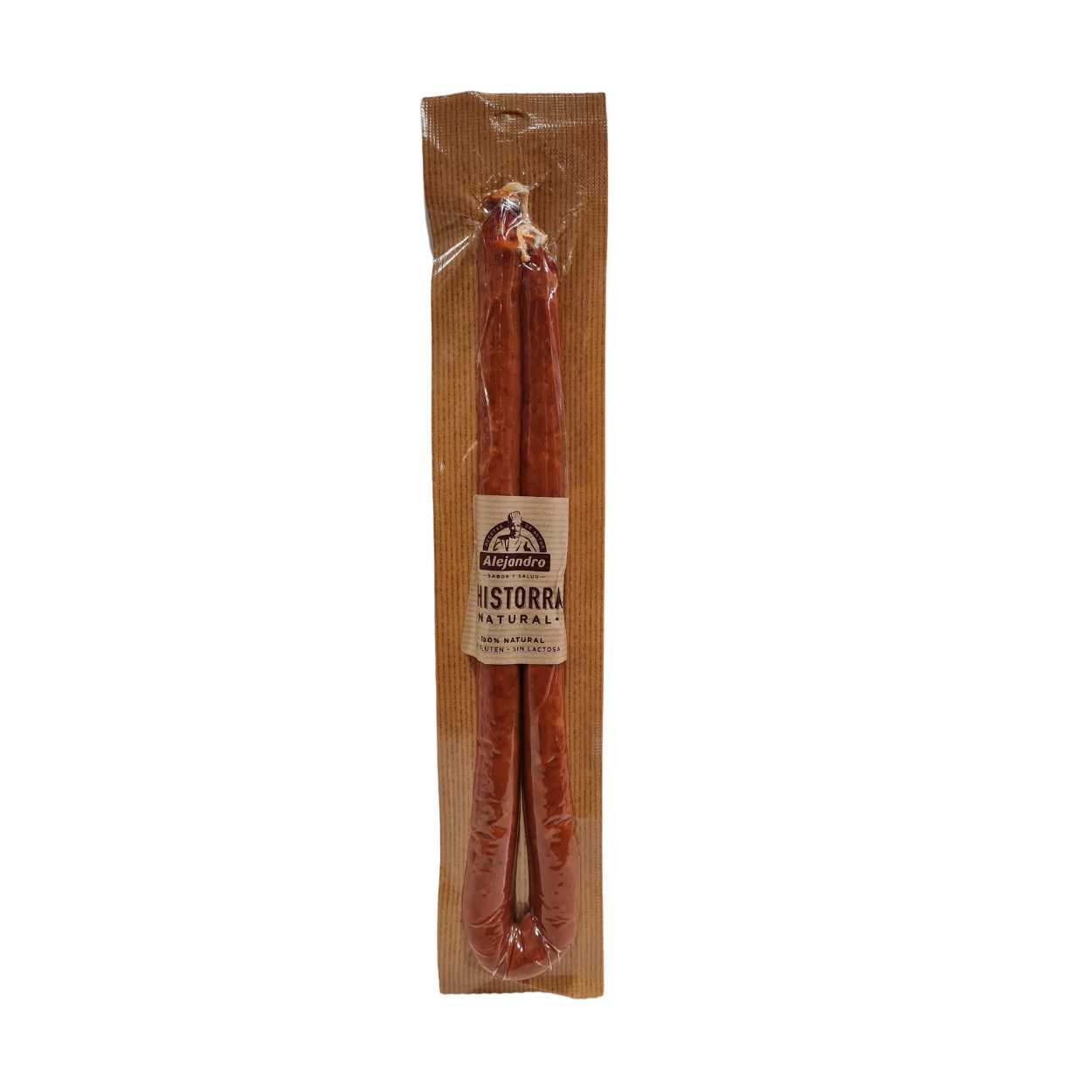 Chistorra Natural Alejandro. 200 g aproximadamente sobre un fondo blanco empacada al vacío