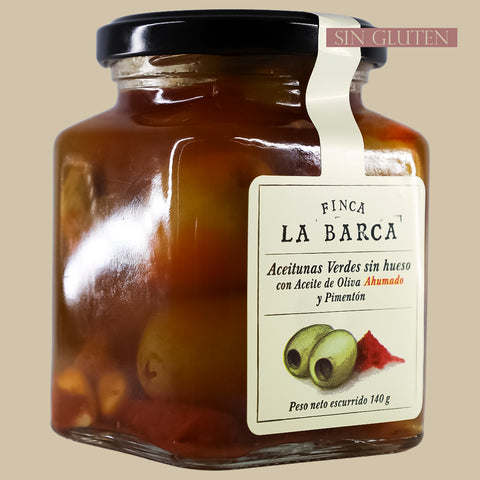 Aceitunas Verdes sin Hueso con Aceite de Oliva Ahumado y Pimentón Finca La Barca