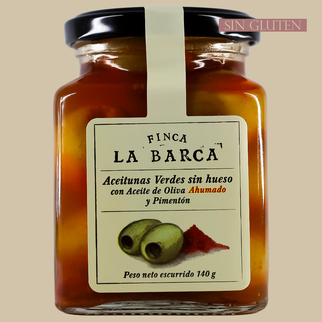 Aceitunas Verdes sin Hueso con Aceite de Oliva Ahumado y Pimentón Finca La Barca