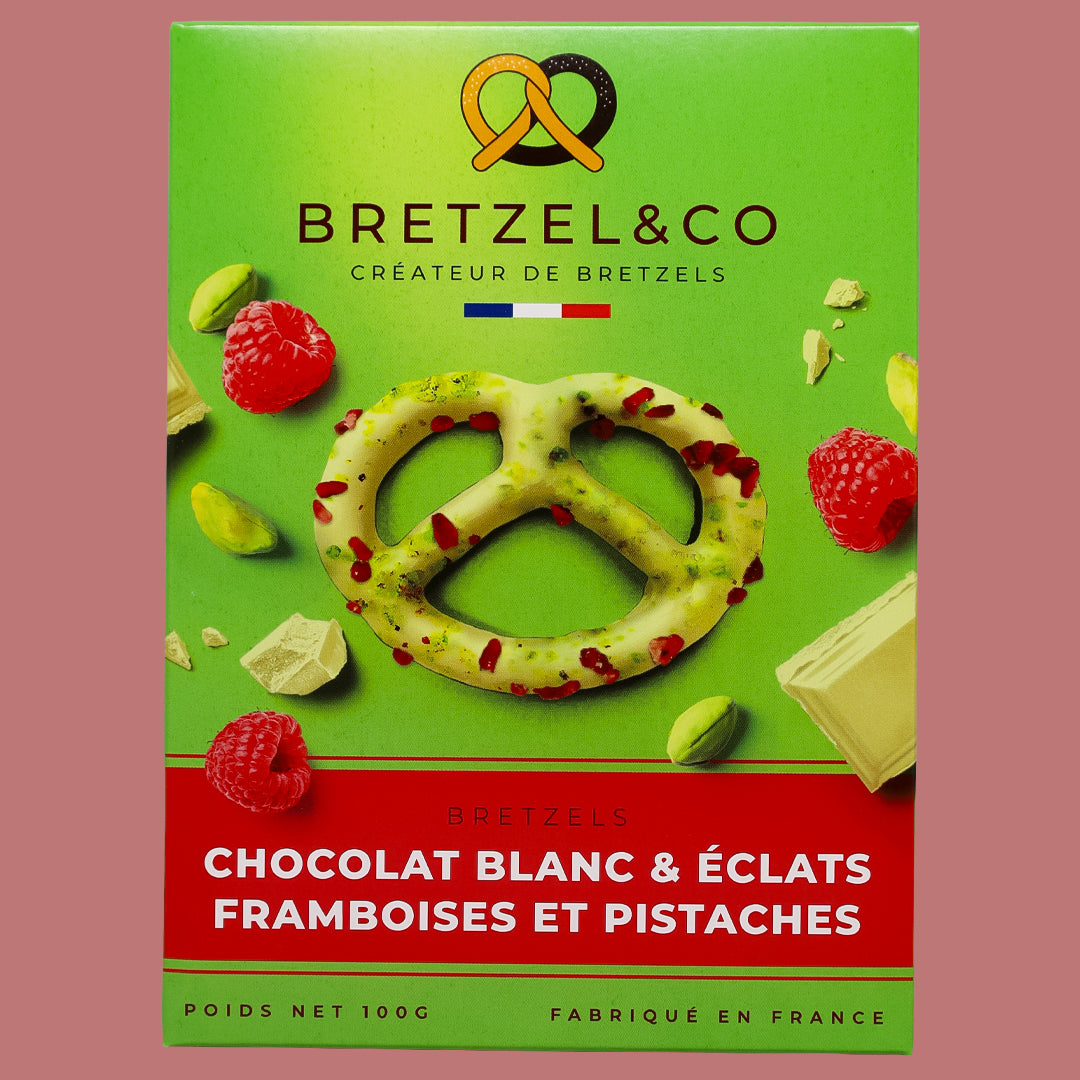 Bretzel con Chocolate Blanco, Frambuesa y Pistacho 100 g
