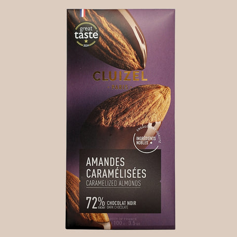 Tableta de Chocolate Oscuro 72% con Almendras Caramelizadas Cluizel Paris 70 g