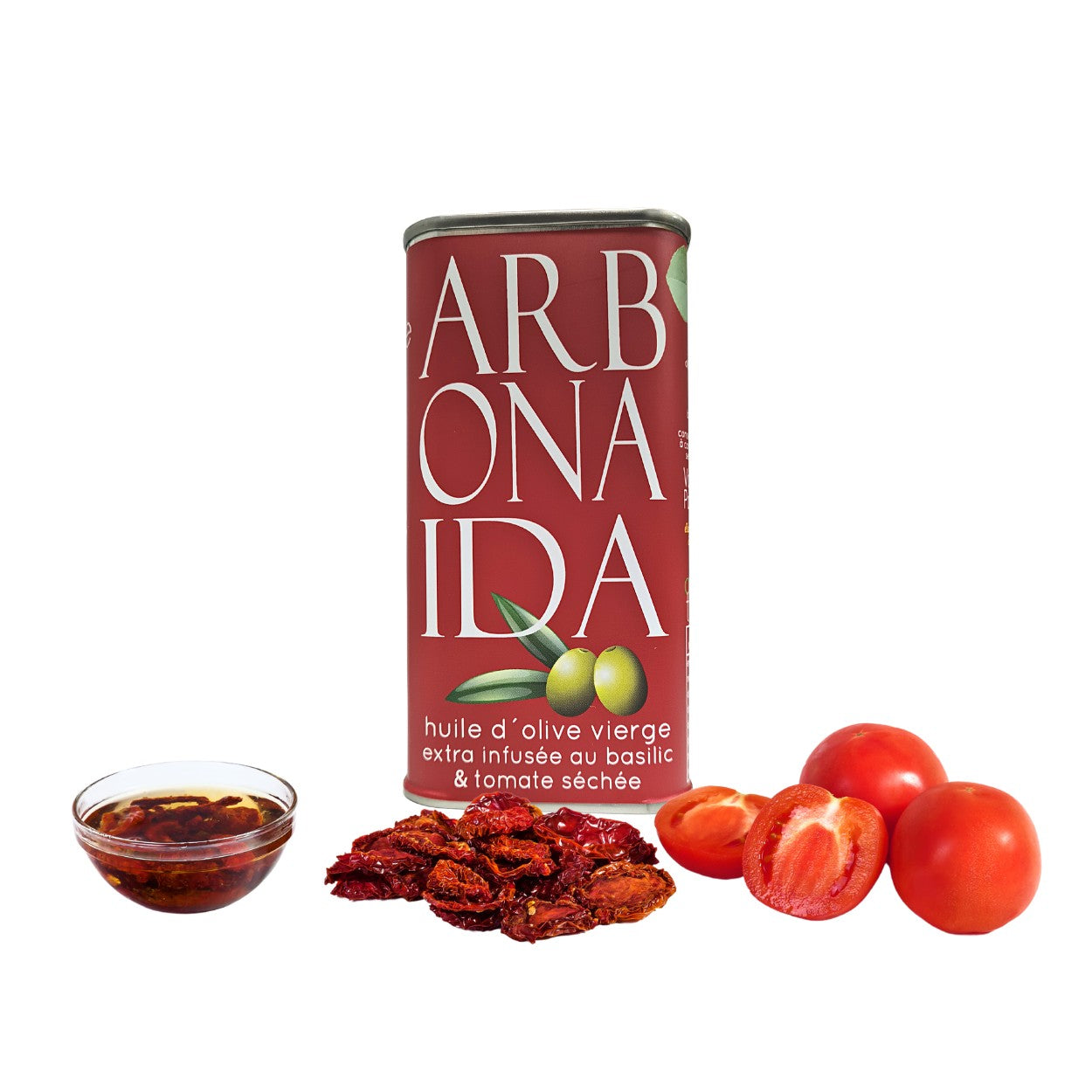 AOVE aromatizado con Albahaca y Tomate seco. 250 ml Arbonaida